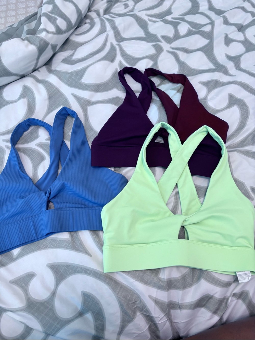 Fablethics Cross-Back Bralette - Blue, Mint Green, Plum.